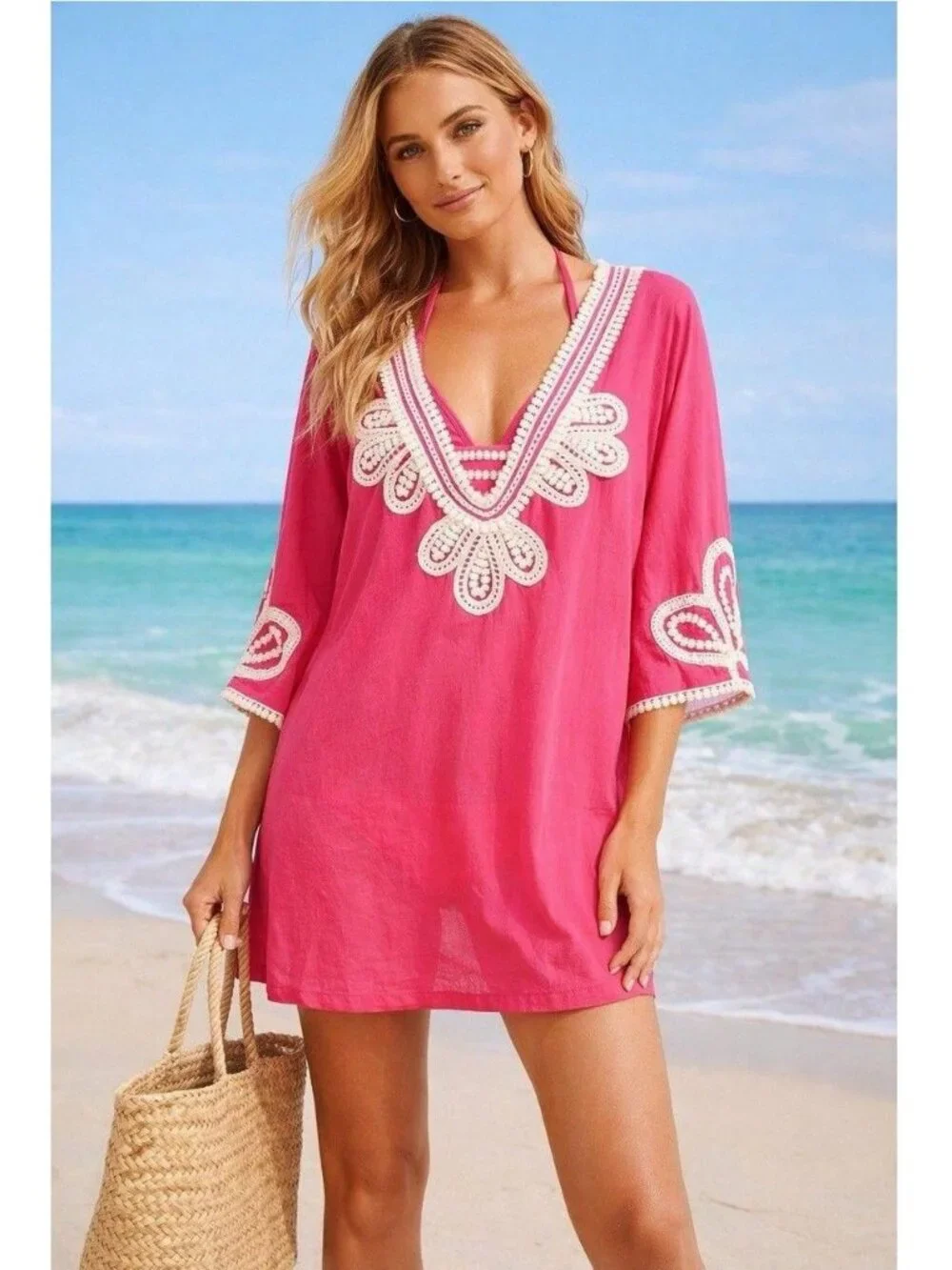 J.Crew Hot Pink Cotton Tunic Top Crochet Lace Beach Cover Up Medium Boho